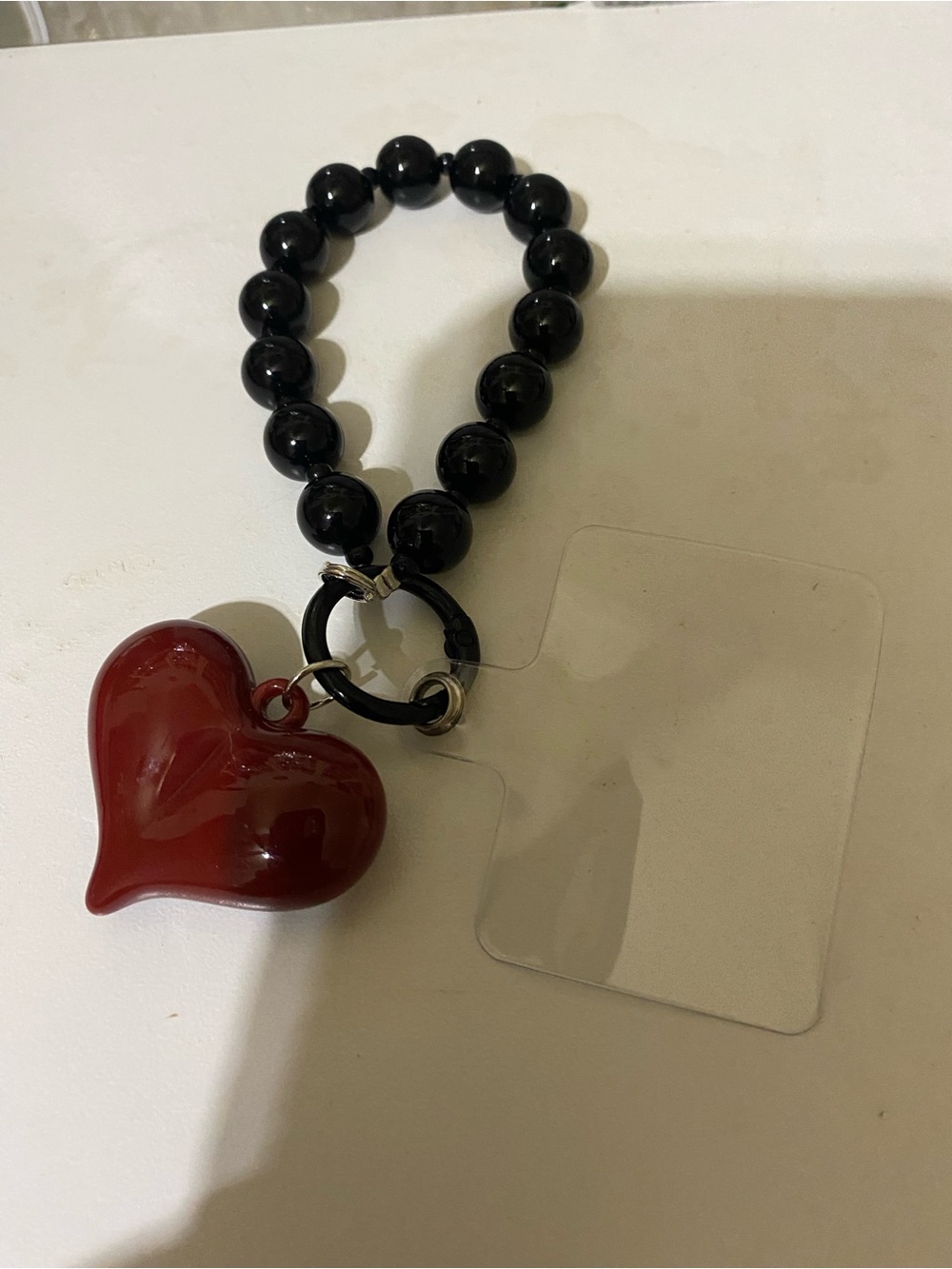 Black Beaded Wrist Keychain with Red Heart Charm for phone